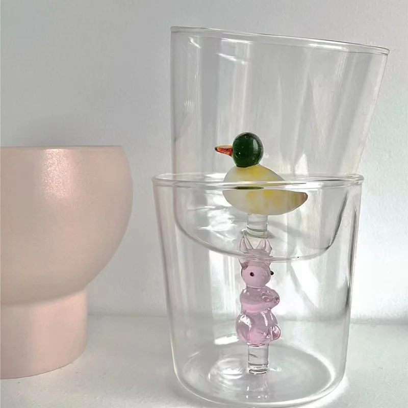 Italian Style Three-Dimensional Animal Shape Cute New Year Water Cup Household Heat-Resistant Glass Milk Breakfast Cup Pink cup