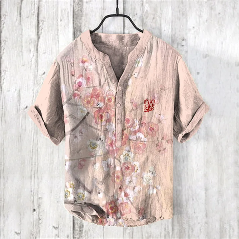 New Chinese short-sleeved shirt 3D printed men's cherry blossom pink V-neck trendy street youth fashion shirt