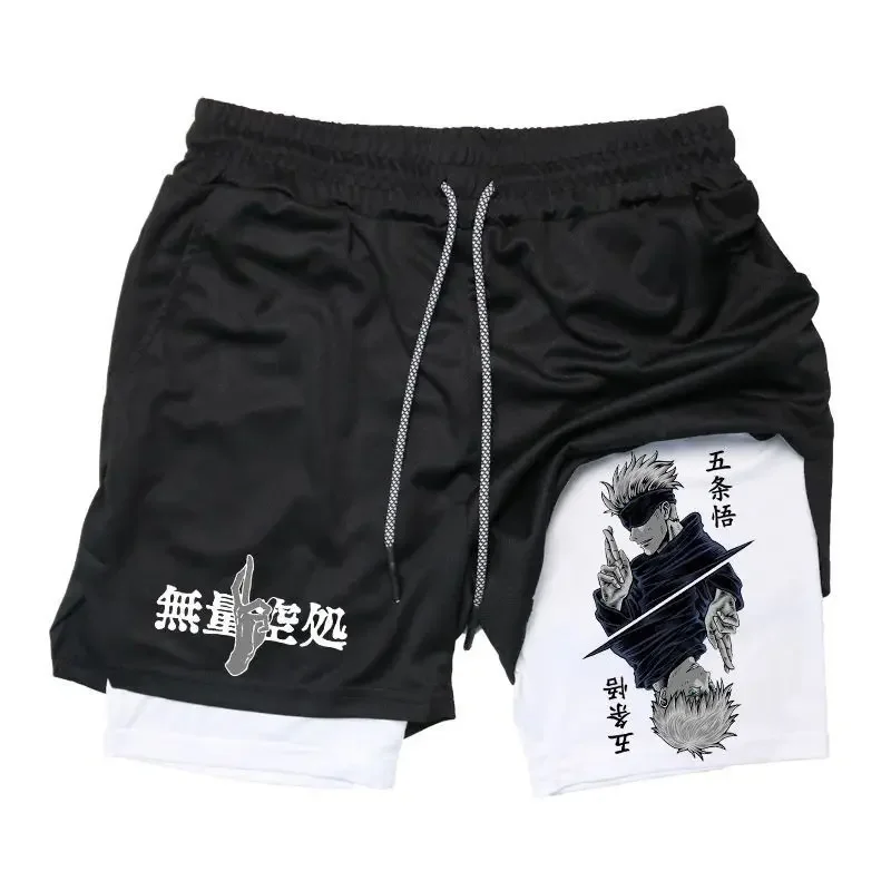 

Dragon Ball Z Black Training Shorts Super Saiyan Goku Print with Blue Outfit White M Logo Jvc Text White Dotted Drawstring Anime