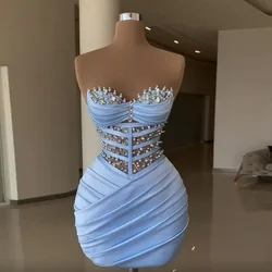 Customize Sky Blue Cocktail Dresses 2025 Sweetheart Bead Sheath Mini Evening Formal Gown Pleat Satin Elegant Dress Wedding Party