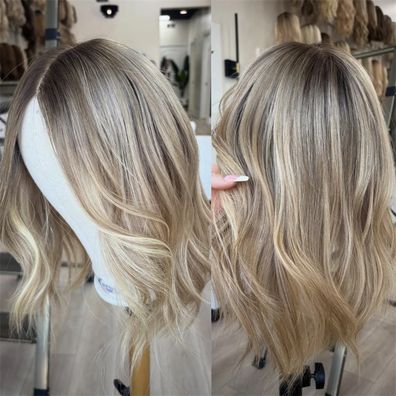 

Высокое качество Ombre Пепельно-русый синтетический парик Волнистый боб с размером 13x4 Свободная часть HD Парик фронта шнурка Натуральная предварительно выщипанная линия волос