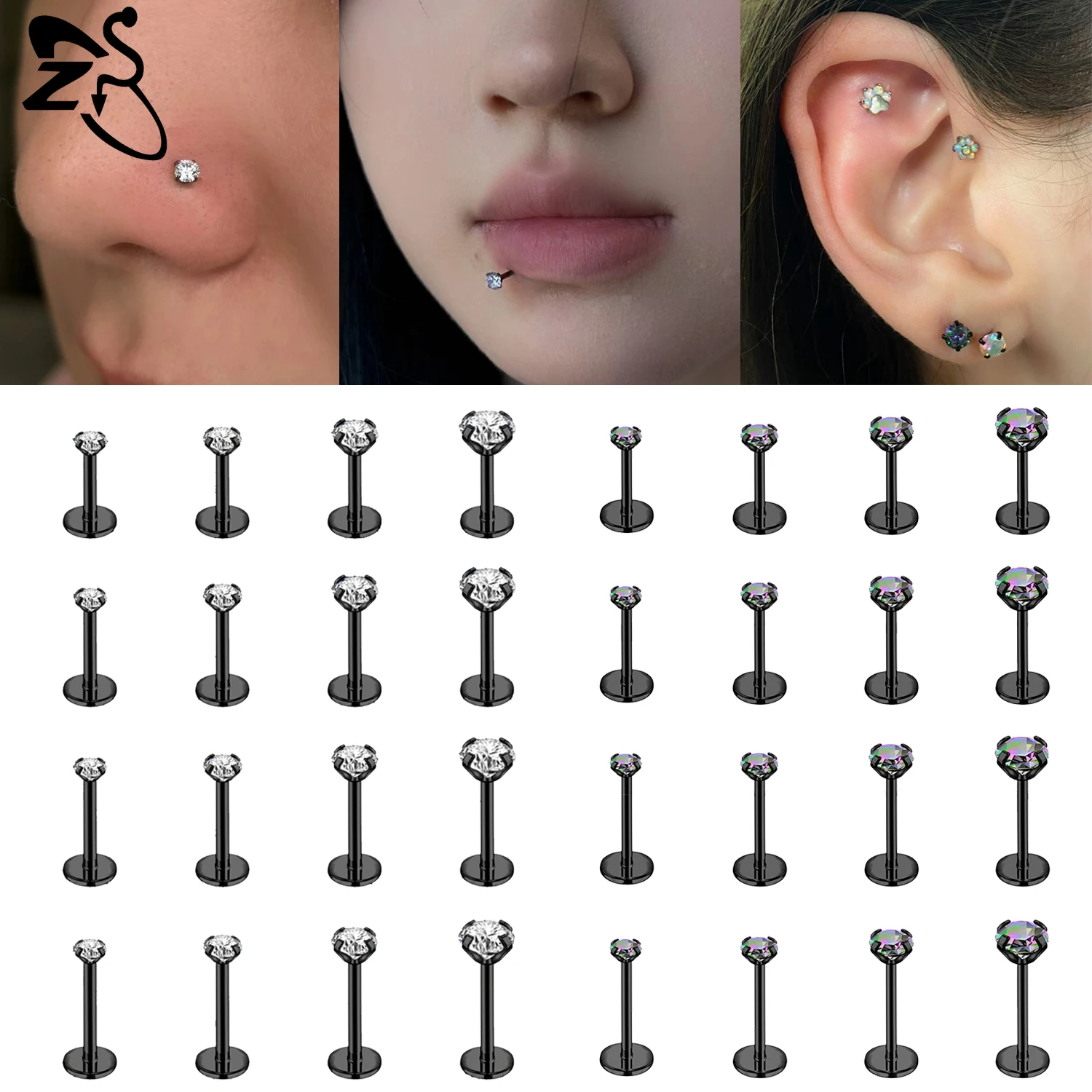 ZS 1PC Gothic Punk Plug-In Style 16/18/20G Stainless Steel Labret Lip Piercing CZ Crystal Stud Earring Nostril Piercings Jewelry