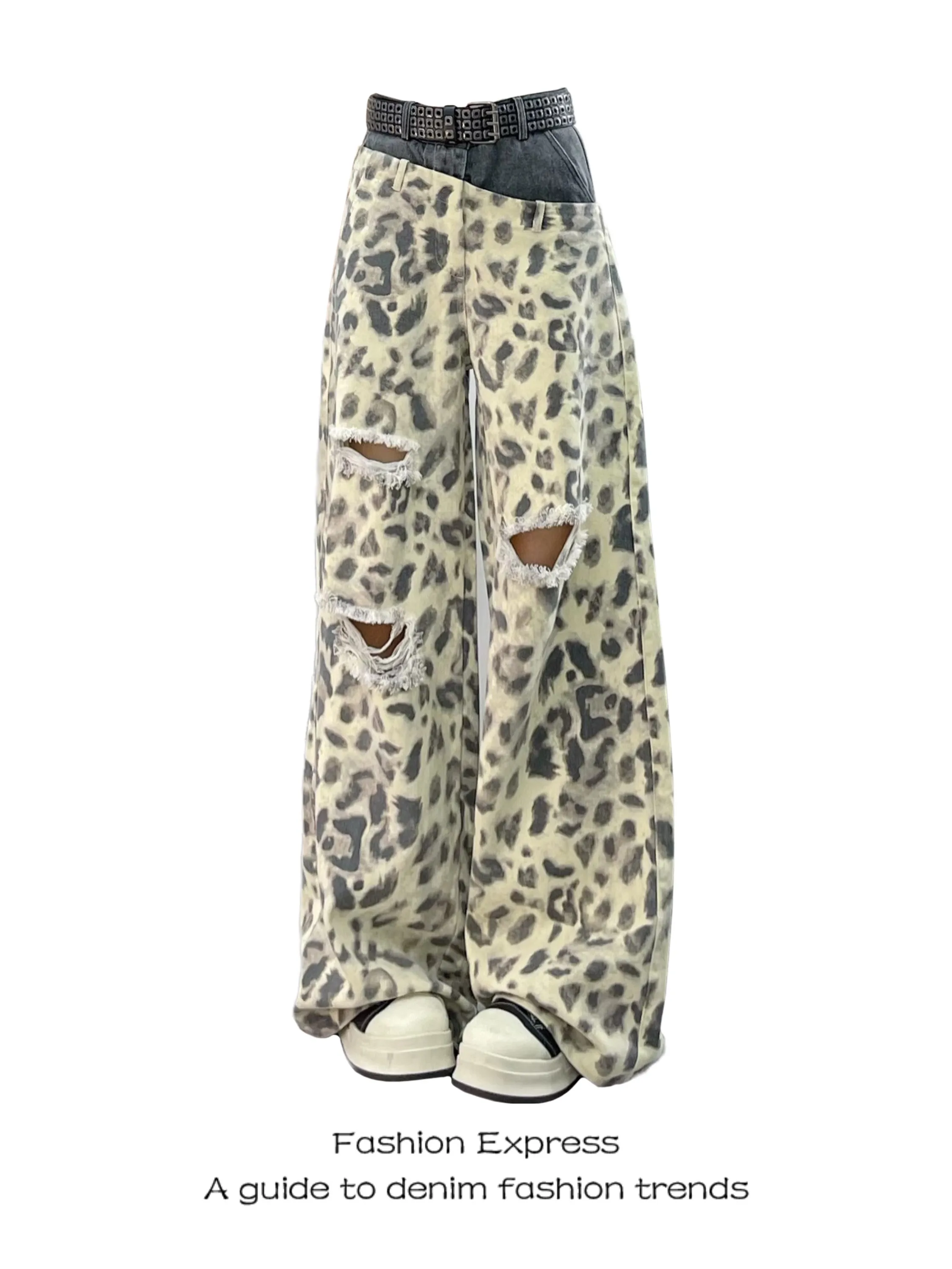 Trendy High Waist Patchwork Denim Jeans Women's Summer New American Style Streetwear Leopard Print Double Waist Head Hole Wor...