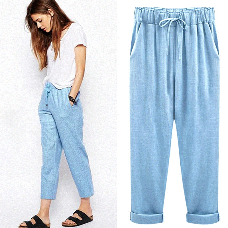 2026 Fashion Women Nine Points Pants Cotton linen New Casual Bundling Wide Waist Belt Candy Color Pencil Pants roupas femininas