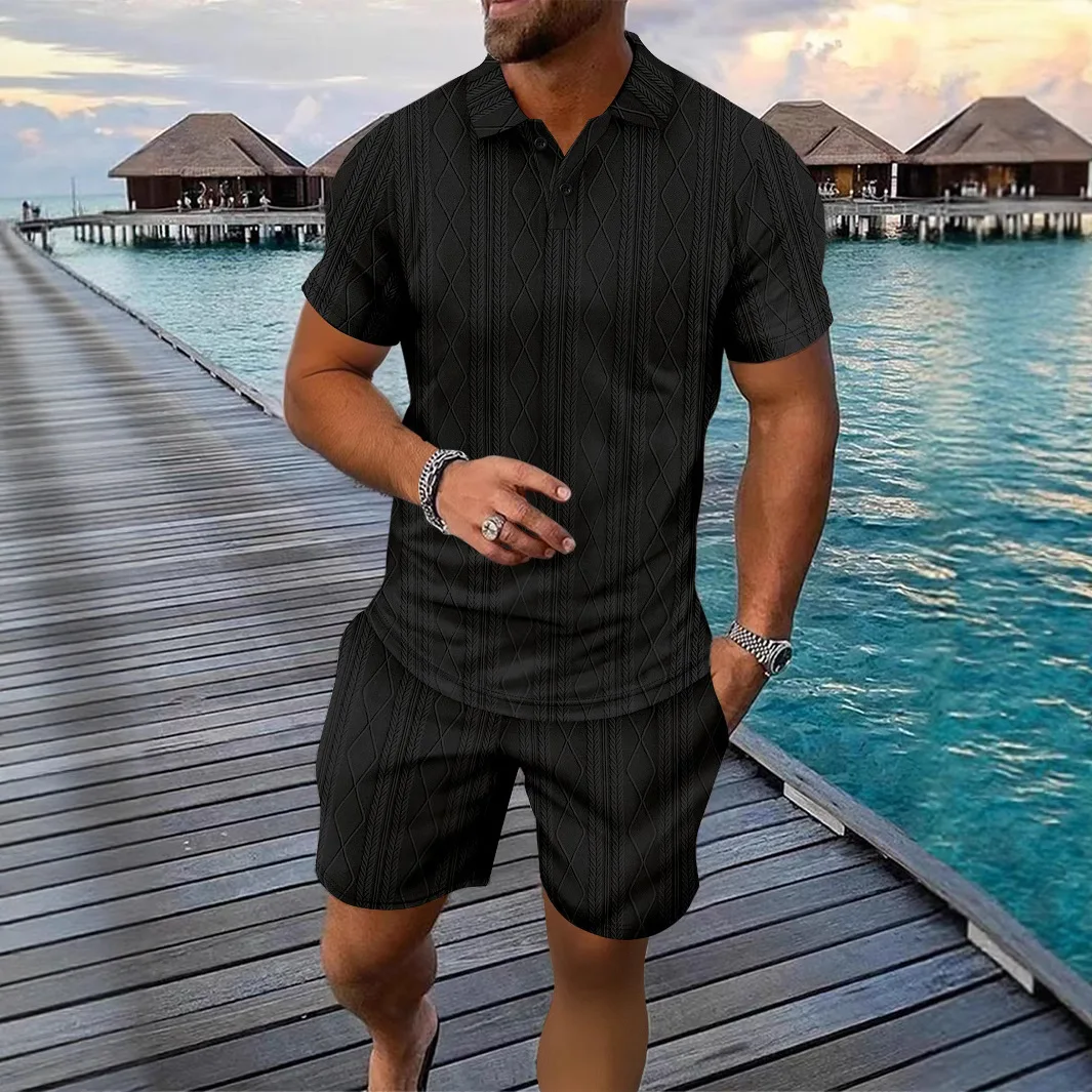 

Summer Fashion Men's Casual Trendy 2 Piece Sets Solid Color Turn-down Collar Short Sleeve Polo Shirts Knee Length Shorts Male