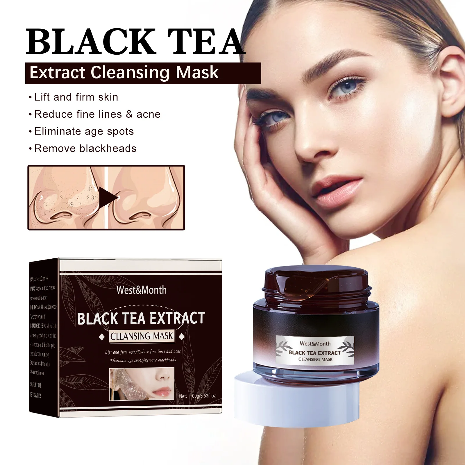 West&Month Black Tea Facial MaskCleanse PoresApplication MaskBrighten PoresBrighten ComplexionRejuvenate Facial Mask