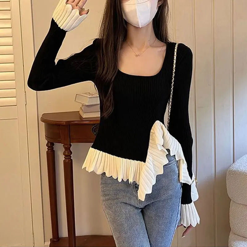 

Contrasting Colors Spliced T-shirt Female Clothing French Style Square Collar Autumn Winter Slim Fashion Asymmetrical Pullovers