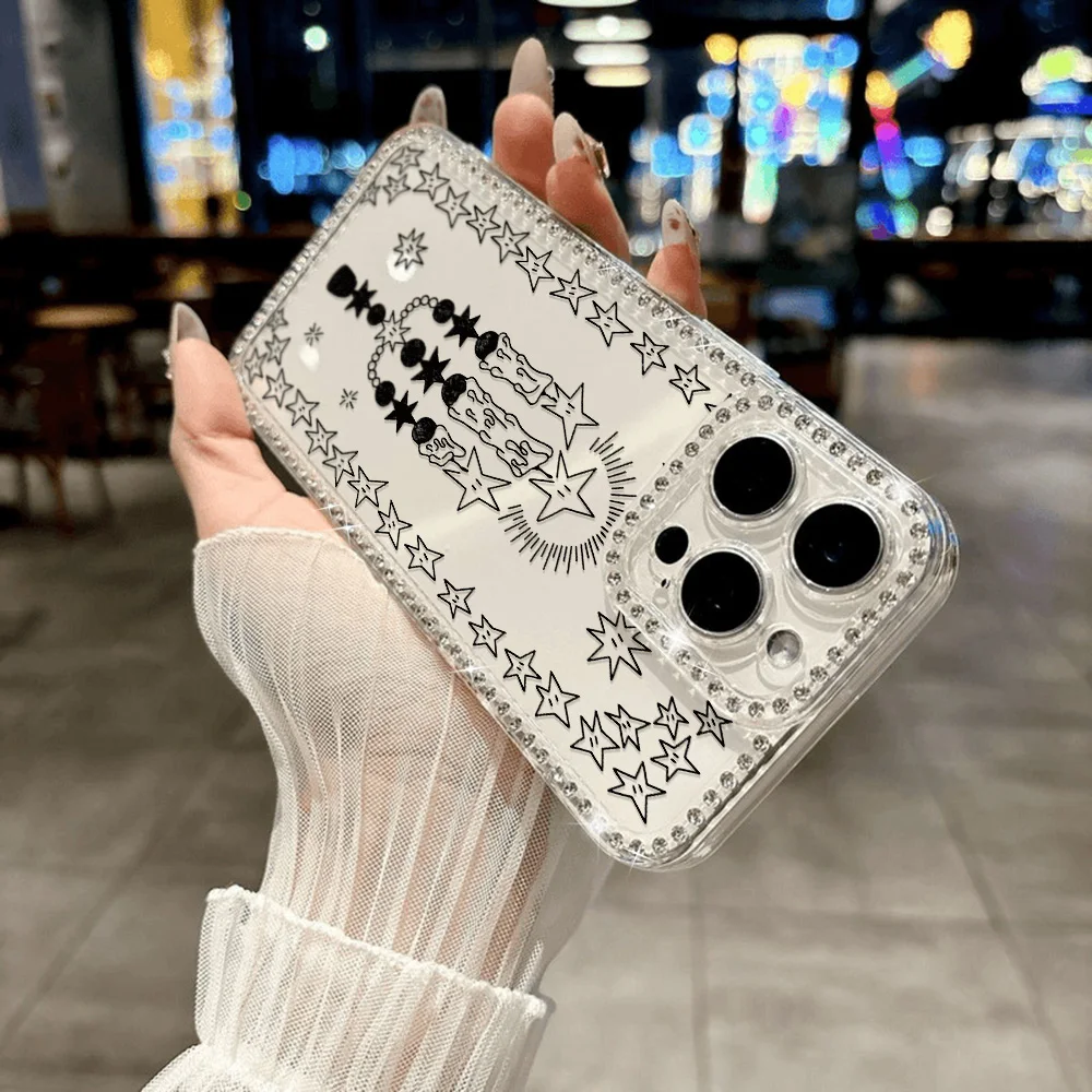 Diamond Lanyard Phone Case For iPhone 17 16 Pro Max 11 13 15 14 12 Air 17promax  Transparent Shockproof Candle Painted Cover