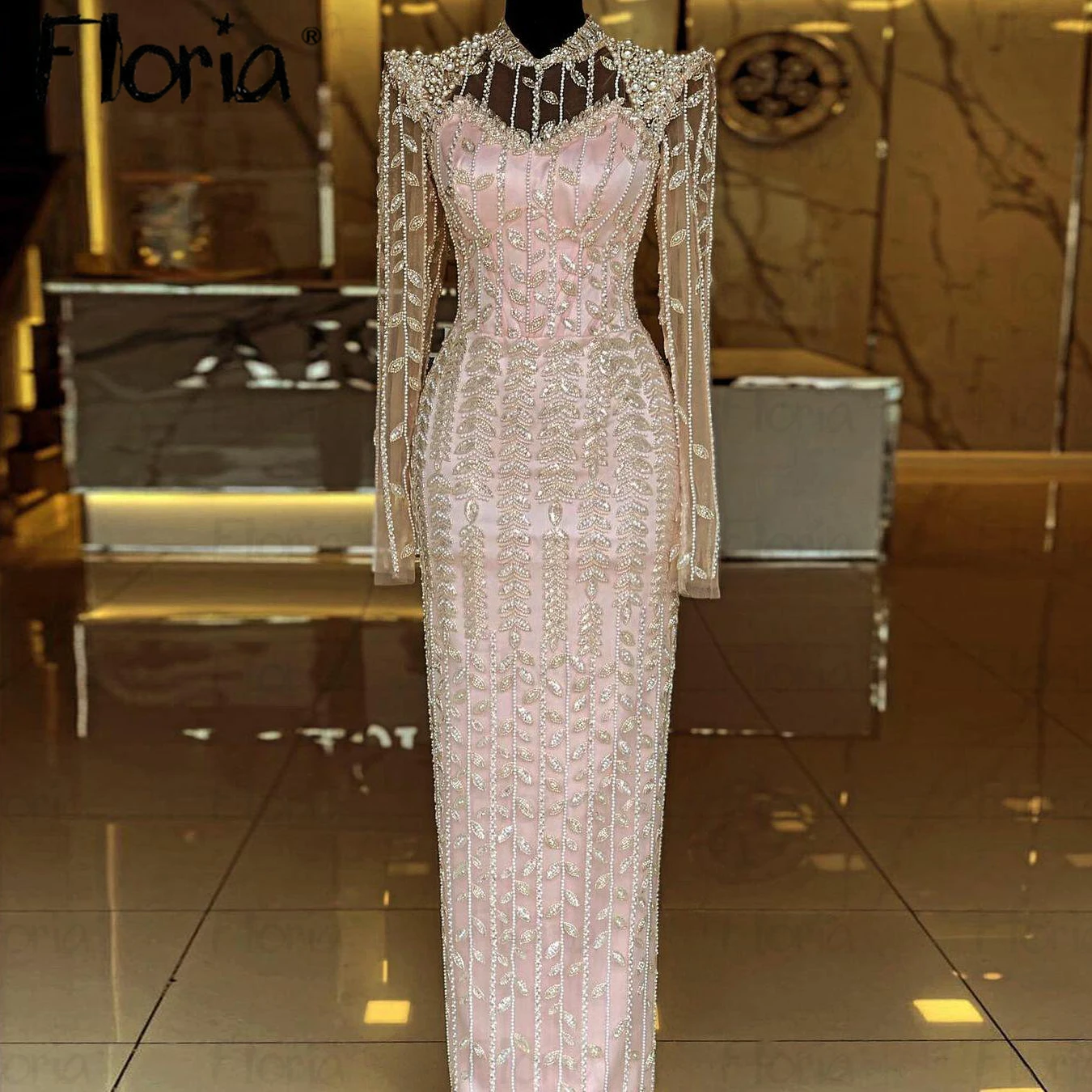 

Floria Pink Full Beads Pearls Evening Dress Women Formal Occasion Dresses Long Sleeve Dubai Celebrity Influencer Dress Fashion