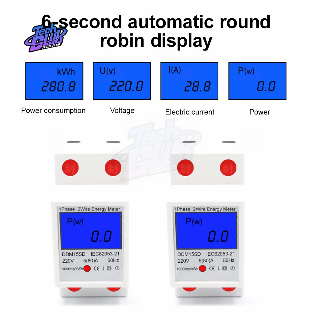 17000W Single Phase DIN-Rail Energy Meter 5-80A 220V 50Hz KWh Meter LCD Backlight Digital Display DDM15SD Electrician Tools