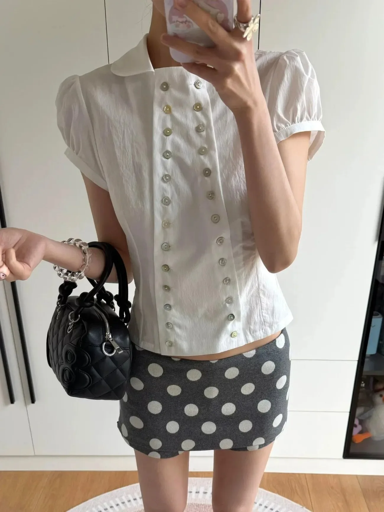 Y2K Aesthetic Peter Pan Collar Blouse Puff Sleeve Slim Fit Vintage Harajuku Elegant Style Korea Fashion Chic Tops 2026 Summer
