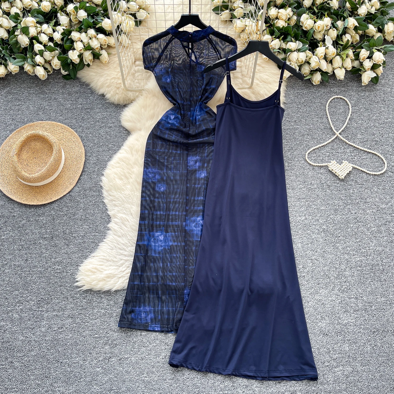 Abito a tubino in rete scavata vintage chic Elegante fata moda coreana Boho Sundress abbigliamento donna