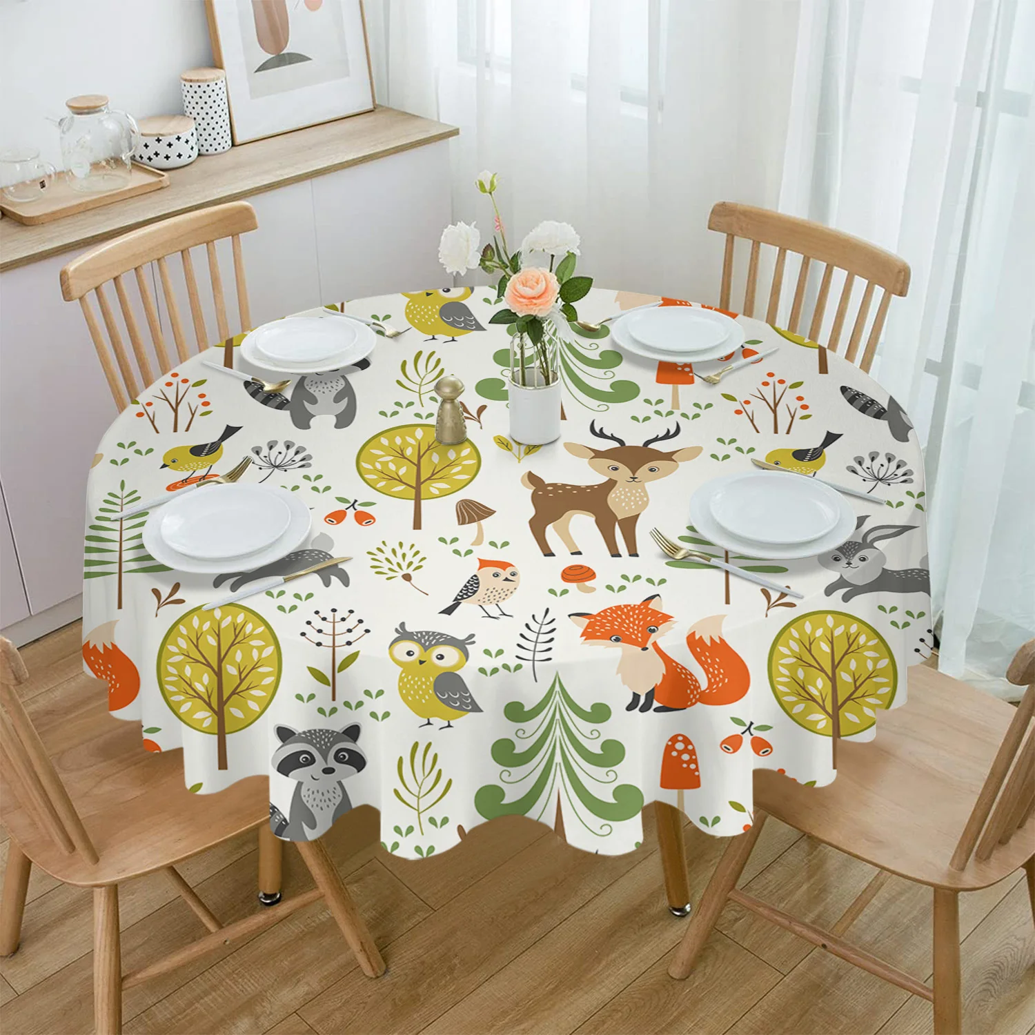 ผ้าปูโต๊ะลายการ์ตูนรูปนกฮูกจิ้งจอกน่ารักแบบกลมกันน้ำสำหรับตกแต่งบ้านผ้าคลุมโต๊ะสำหรับงานเลี้ยงงานแต่งงานผ้าปูโต๊ะ