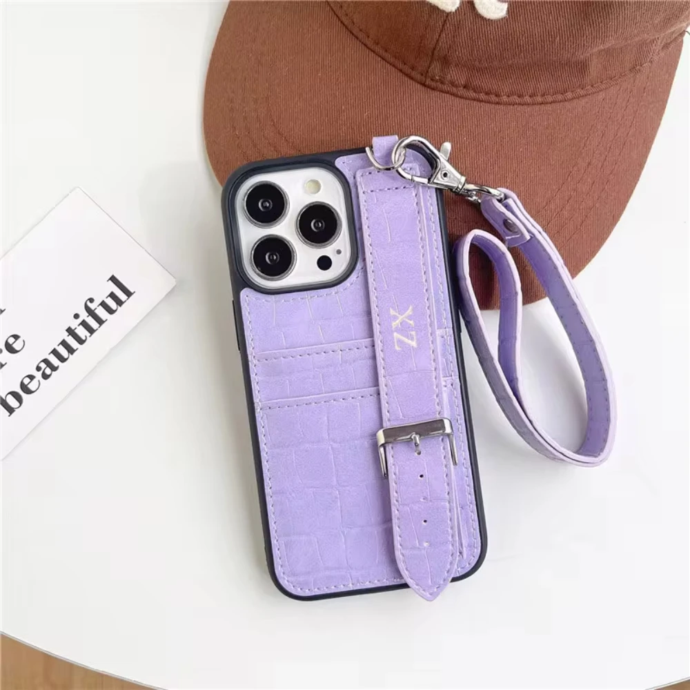 Customized Gold Letters PU Leather Card Holder Cases For iphone 13 14 Pro Max 12 11 Pro Max14 plus Luxury Wrist Strap hard Cover