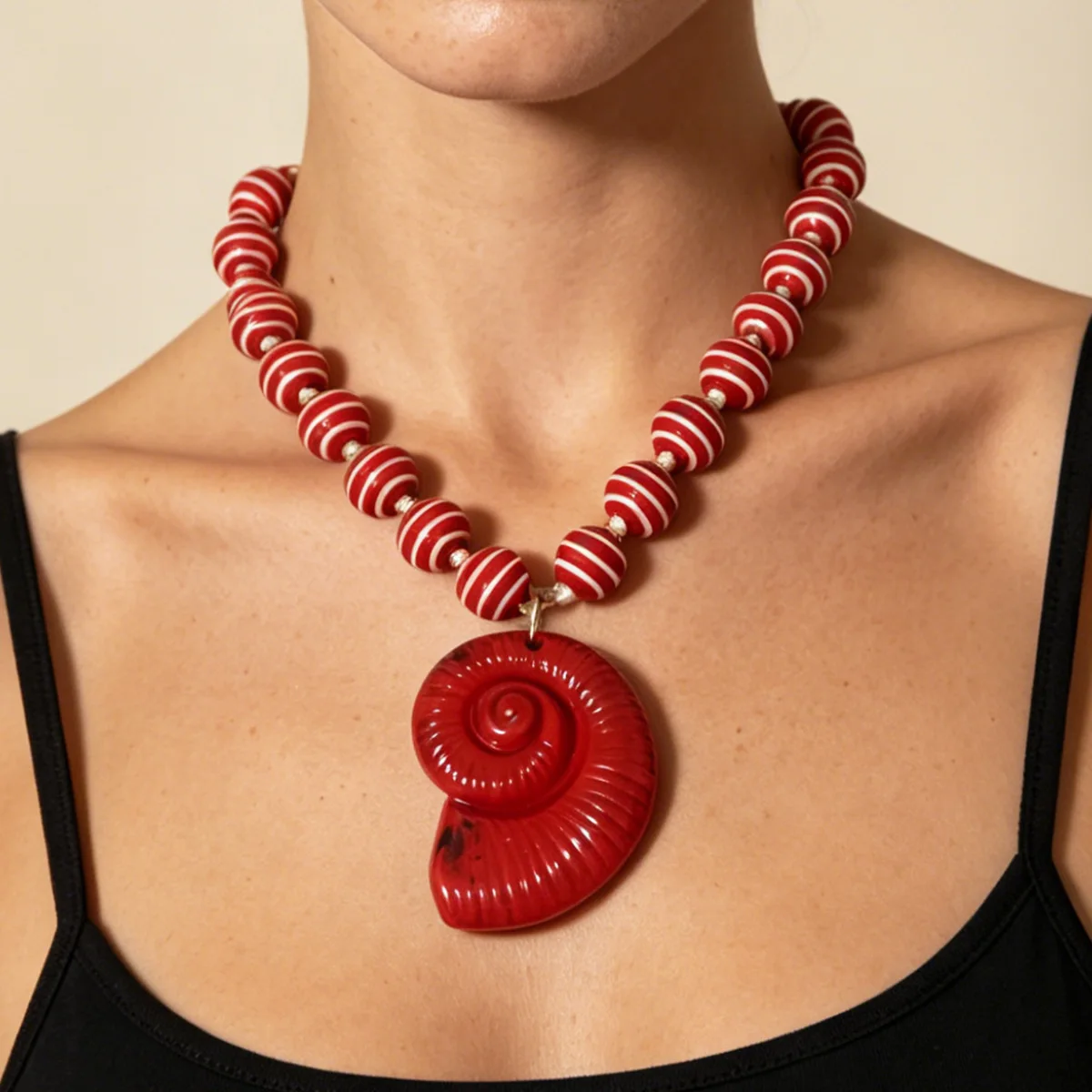  Vintage Red Striped Beaded Conch Pendants Necklaces Women Bohemian Vacation Style Summer Beach Statement Necklace Jewelry