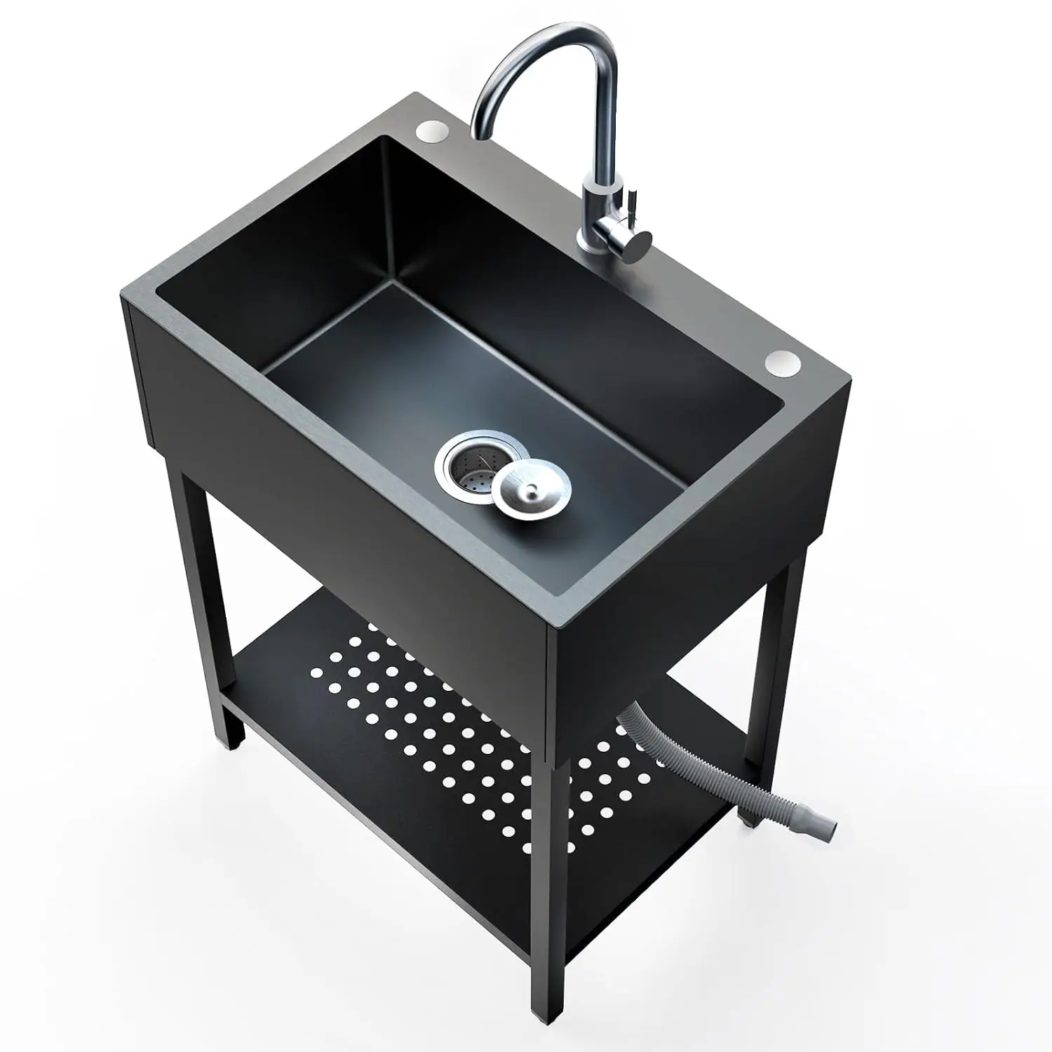 

26" Freestanding Stainless Steel Utility Sink, Single Bowl Kitchen Sinks w/Storage Shelve, Black Heavy Duty Sinks, Customized