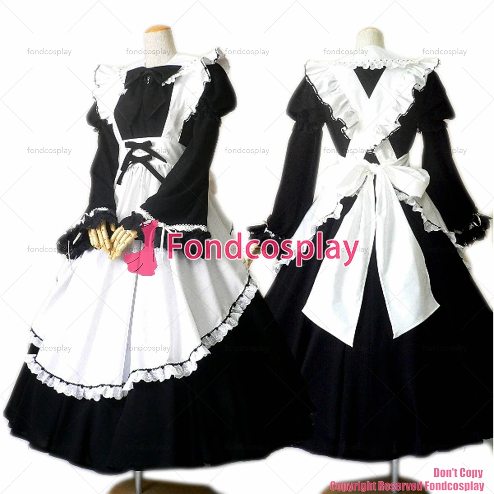 fondcosplay adult sexy cross dressing sissy maid long black Dress Cotton Uniform white apron Costume CD/TV[CK397]