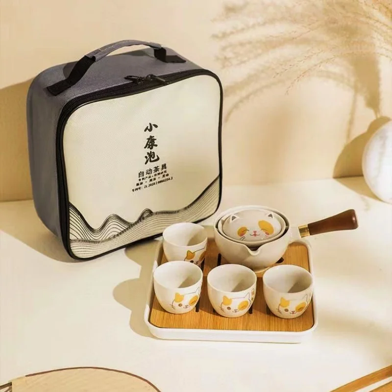 

Fortune Cat Pattern Tea Brewing Set Traditional Kung Fu Tea Ceramic Teaware Outdoor Travel Portable Storage Teapot Teacup Gifts