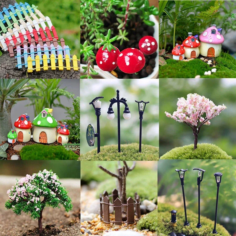 Miniature DIY Craft Flower Pot Aquarium Dollhouse Decor Fairy Garden Ornament Mini Mushroom Tree House Steps Bridge Figurines