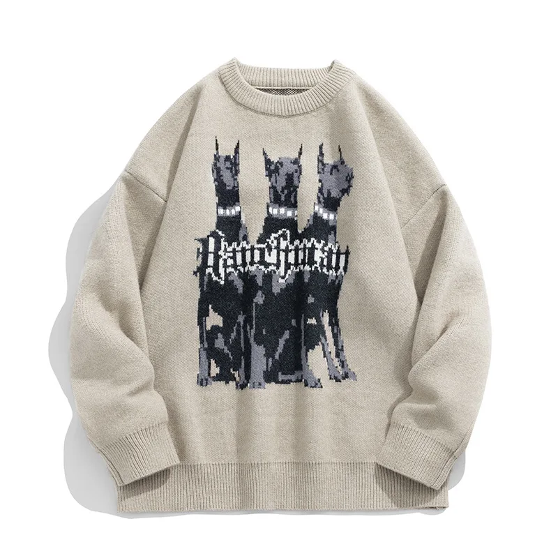 

Japanese Men's Dobermann Jacquard Sweater Men's 2023 Autumn and Winter New Retro Fashion Knitwear Hip Pop Pullovers Men Clothes