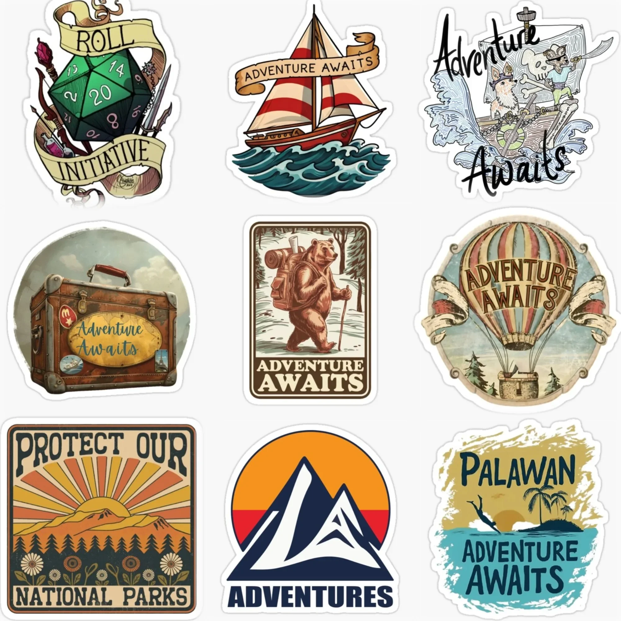 

Adventure Awaits Travel Camping Mountain PVC Car Stickers for Van Truck Bicycle Motorcycle Helmet Bumper Decal Accessories