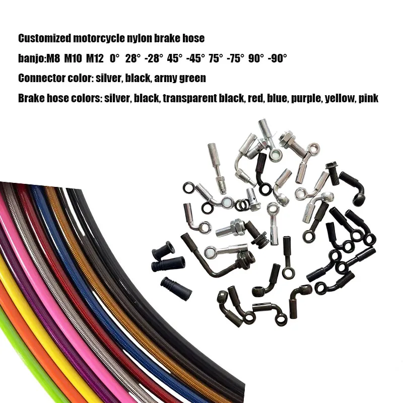 Customized Motorcycle Nylon Bbrake Hose Banjo M8  M10  M12  0°  28° 45° 75° 90° Length 10cm-1000cm