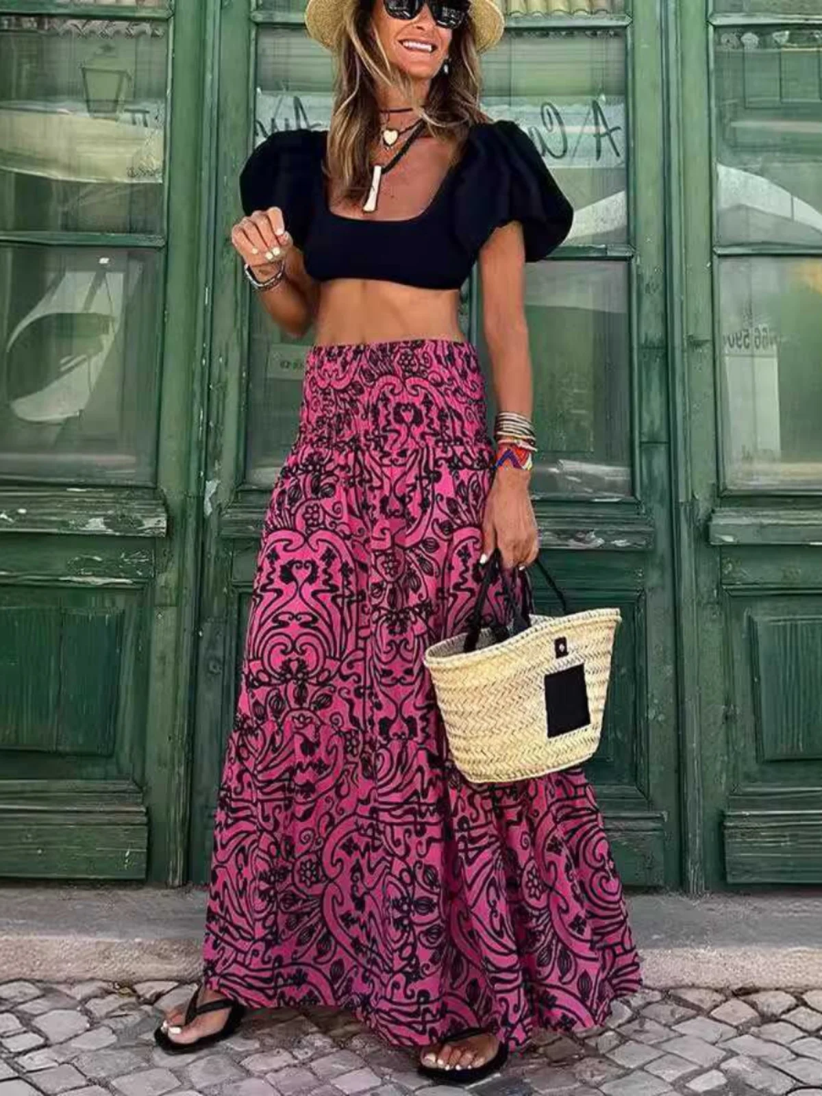 Summer Bohemian Print High Waist Long Skirt Women's plus Size Vacation Beach Style Elastic Waist A-Line Midi Skirt