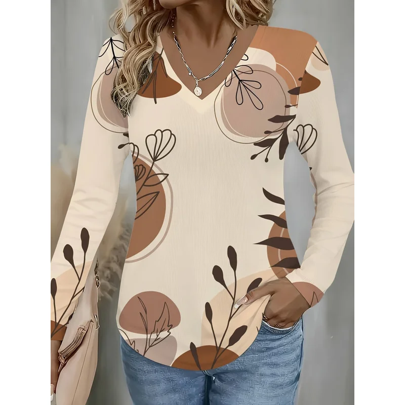 Casual Style Women'S Long Sleeve V-Neck T-Shirt, Abstract Floral Pattern, Ideal Gift for Autumn/Winter, Suitable for Leisure And