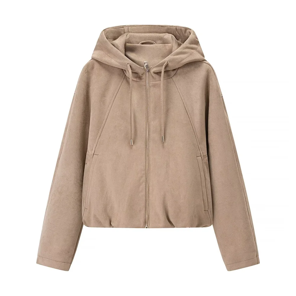 New autumn and winter women's casual loose suede texture effect hooded long sleeved solid color pilot jacket jacket