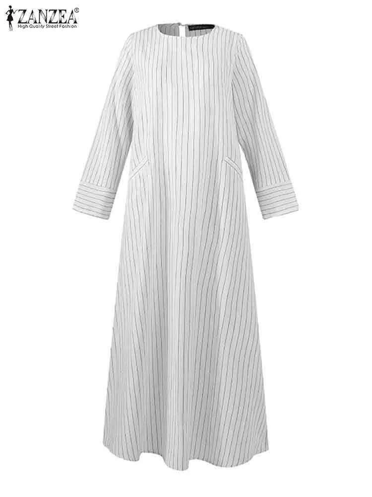 2023 ZANZEA Muslim Maxi Dress Women\'s Autumn Striped Sundress Casual Long Sleeve Vestidos Female O Neck Cotton Robe Oversize