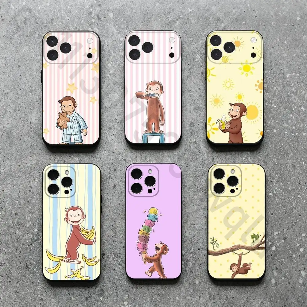 Funda de silicona suave negra Curious G-George Monkey para iPhone 17, 16, 15, 14, 13, 12, 11, Plus, Pro Max, XS, X, XR, SE, Mini