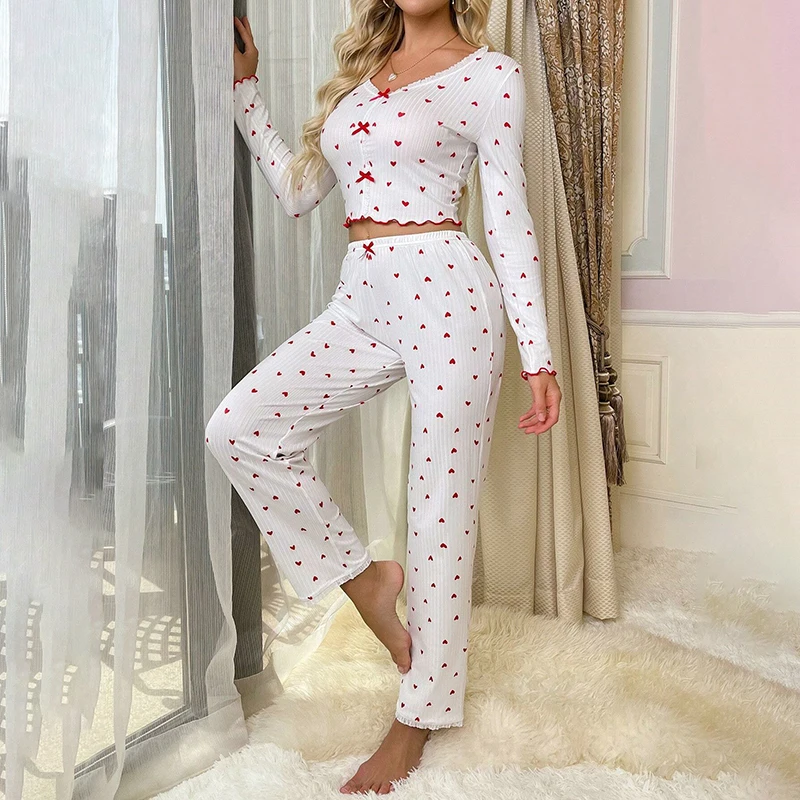 Heart Printed Pajama Set & Long Sleeved Tops with Bow Tie And Loose Pants Sleepwear Casual Wear Two-piece Set for Female Pijamas