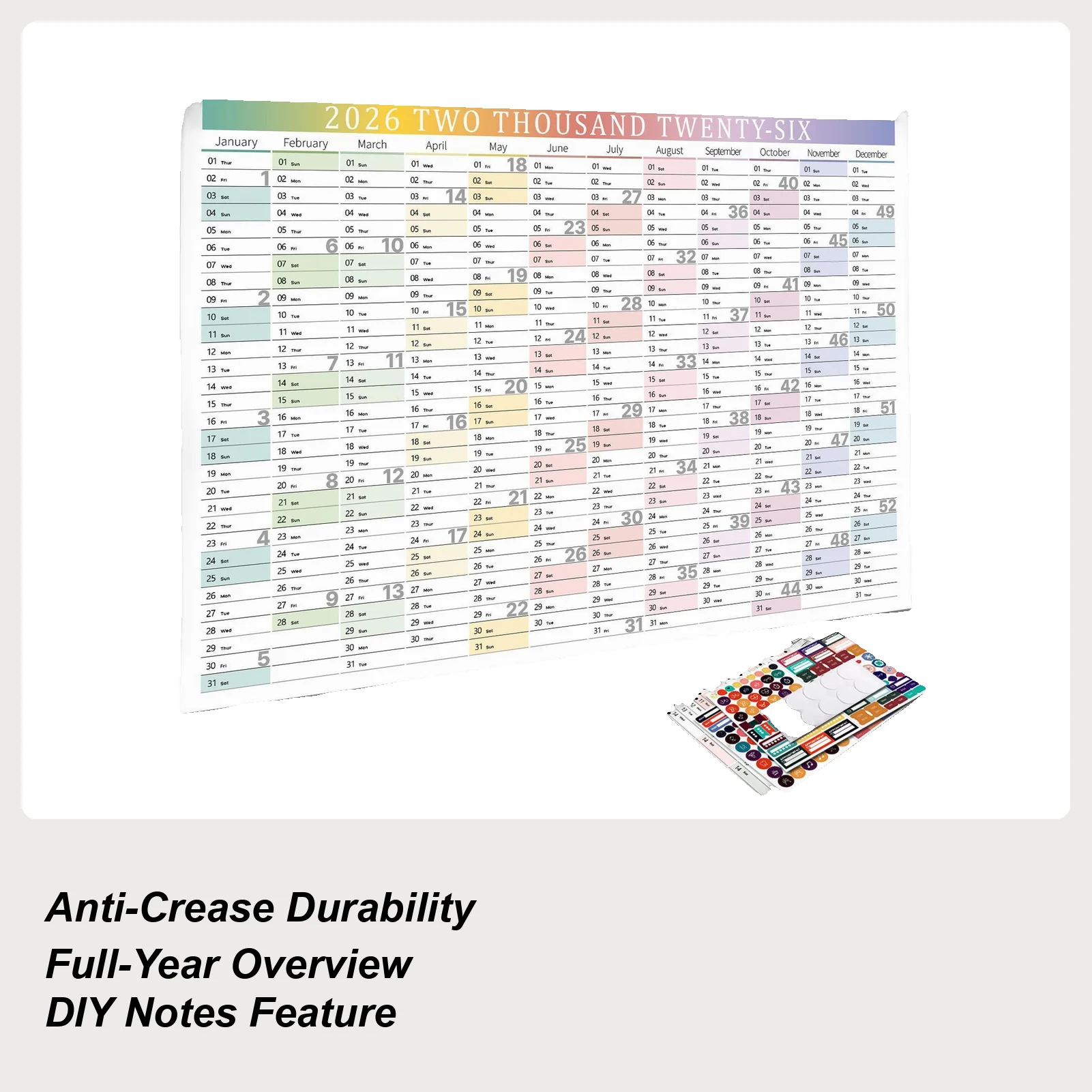 

Годовой настенный календарь на 2026 год, плакат, еженедельная плотная бумага с наклейками, 12-месячный планировщик, настенный календарь для домашнего офиса, школы