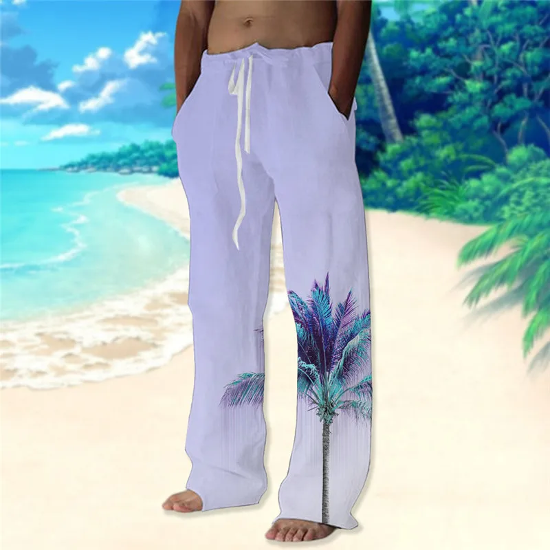 Men's Summer Hawaiian Beach Pants Fashion Simple Vacation Wind Coconut 3d Printed Casual Wide Leg Pants