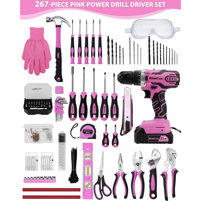 267-Piece Tool Kit Set - Pink  Set with 21V Crodless Power Drill Driver