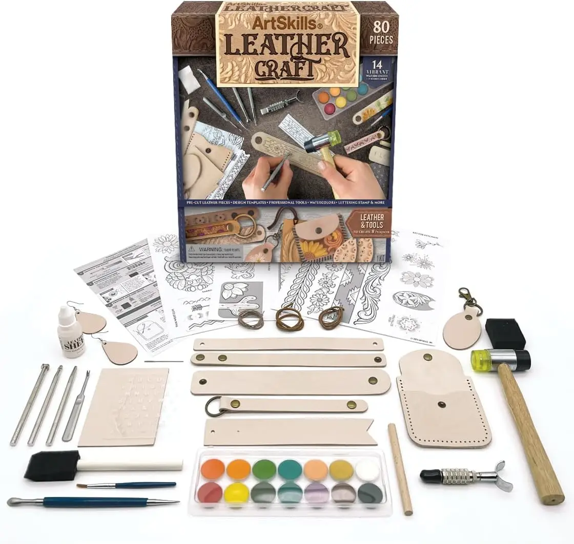 

Complete Leather Crafting Kit with Tools, Stamps, and Pre-Cut Pieces for Beginners