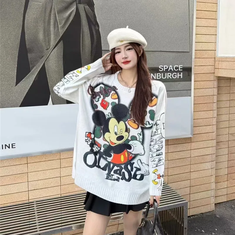 Cartoon Print Strass Rundhals Langarm Pullover Pullover für Frauen Süße Nette Lose Fit Herbst Winter Gestrickte Pullover
