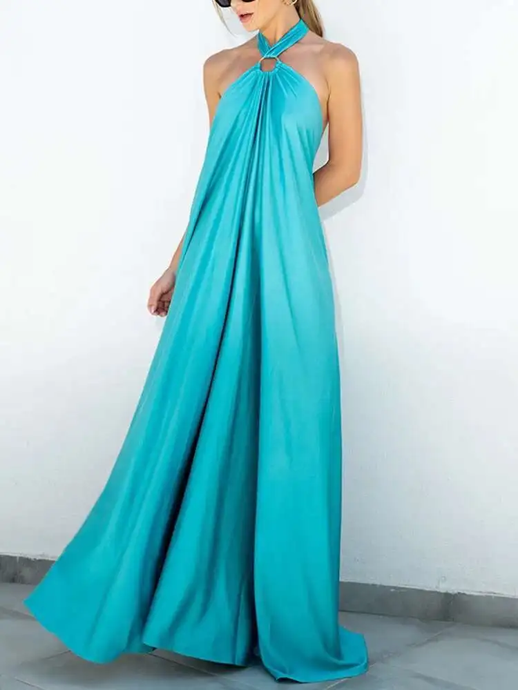 أنيقة المرأة الصلبة ماكسي الشاطئ مثير BabYoung الرقبة عارية الذراعين سيدة حفلة 2025 الصيف بلا أكمام فستان طويل فضفاض Vestidos