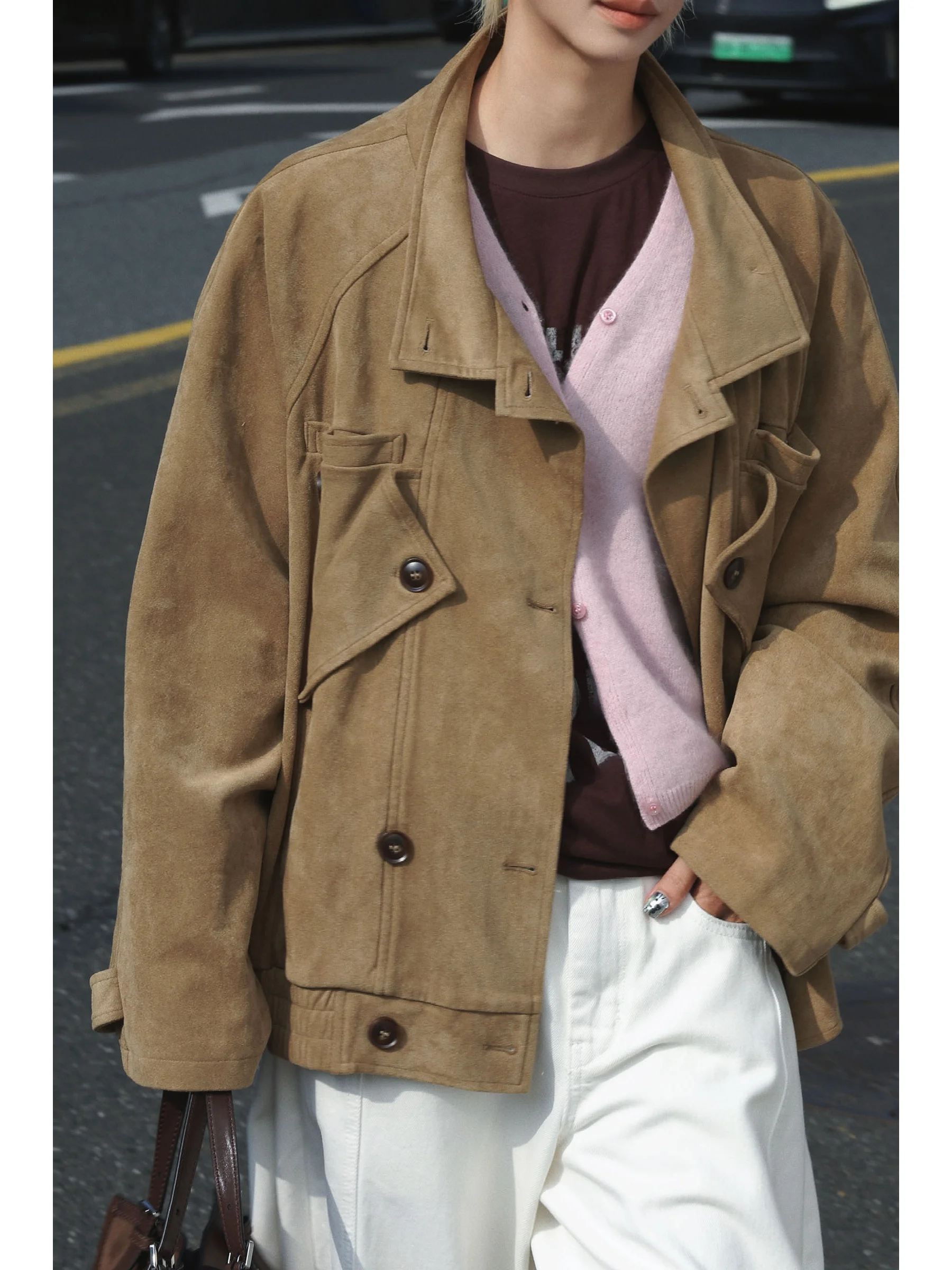 

Женская замшевая куртка Holm Retro с двойными пуговицами, свободного кроя, теплая, повседневная, с карманами