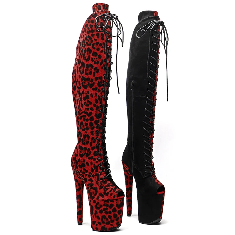 

Leecabe 20CM/8inches Leopard Red Color With Black Suede Upper Women High Heel Platform Thigh High Boots Pole Dance Boots