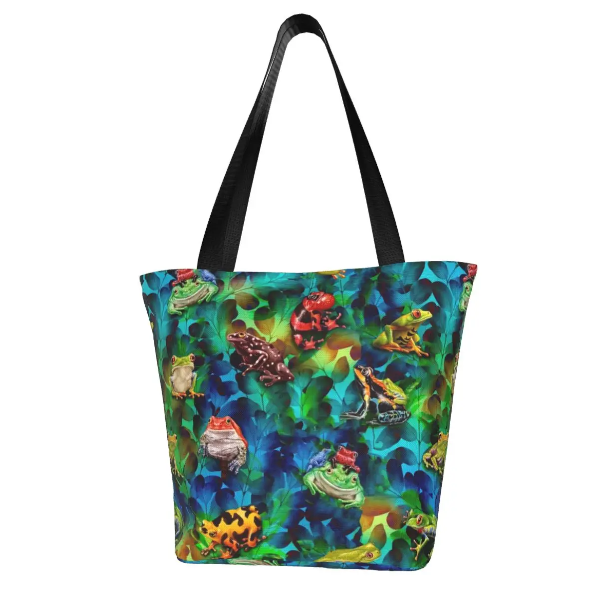 

Colorful Frog Art Shopping Bag Cute Frogs Trending Animal Work Polyester Handbags Woman Gifts Retro Bags