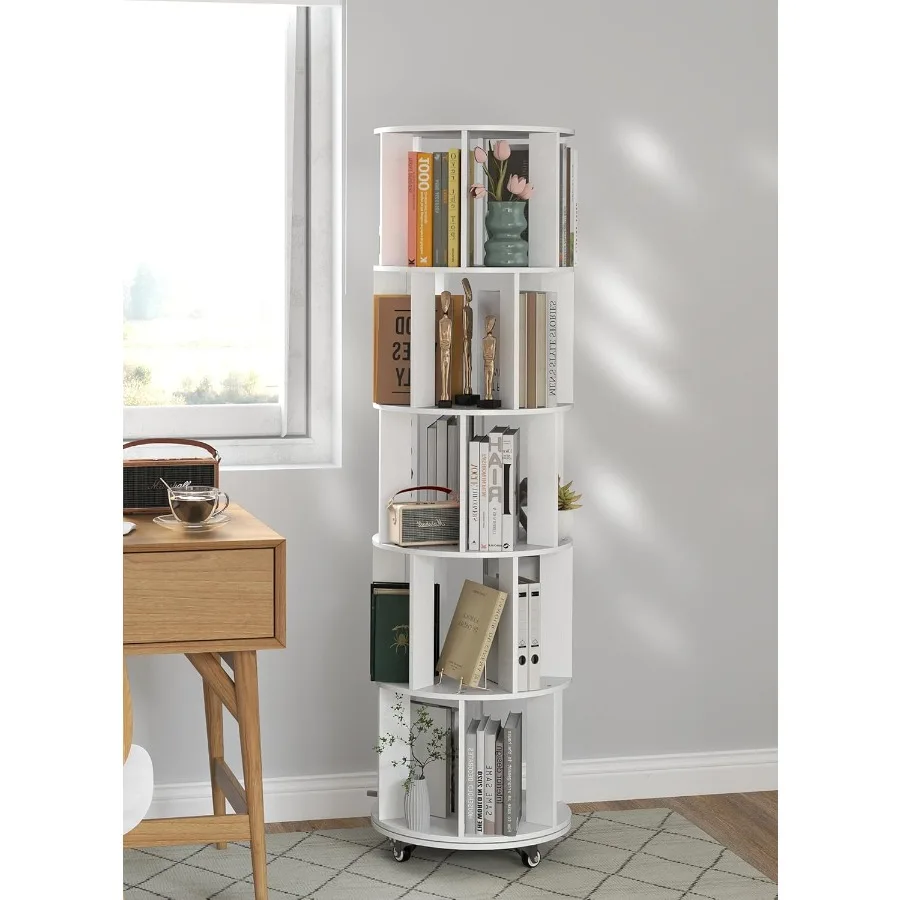 5Tier Rotating Bookshelf Tower 360 Display Stackable Spinning Bookshelf with Wheels Floor Standing Corner Revolving Bookcase Ro