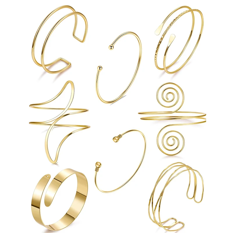 FTCY 8 Pcs Arm Cuff Bracelet for Women Gold Color Adjustable Layered Coil Swirl Armlet Bangles Jewelry Set for OutSide