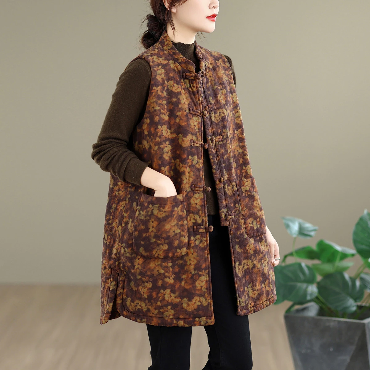 

Warm Cotton Vest Chinese Sle Stand Collar Printed No Sve Materni Winter Faion Commute Thiened Cotton Vest