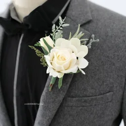 1pc Boutonnieres Flowers Artificial White Roses Silk Ivory Corsage Buttonhole Groomsmen Boutonniere for Men Wedding Supplies