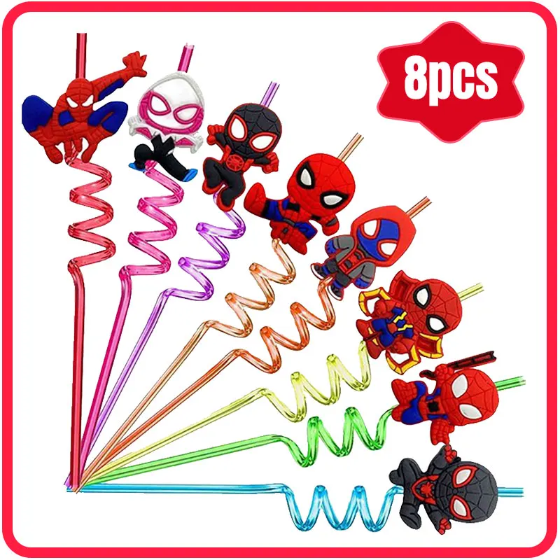 8pcs Spiderman Theme Reusable Straws Cartoon Spiderman Drinking Straws For Kids Birthday Decoration Party Supplies Baby Shower