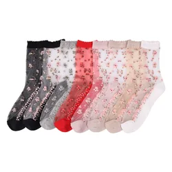 Women Retro Harajuku Floral Embroidery Cute Cotton Crew Stockings Summer Thin Transparent Lace White Silk High Long Socks