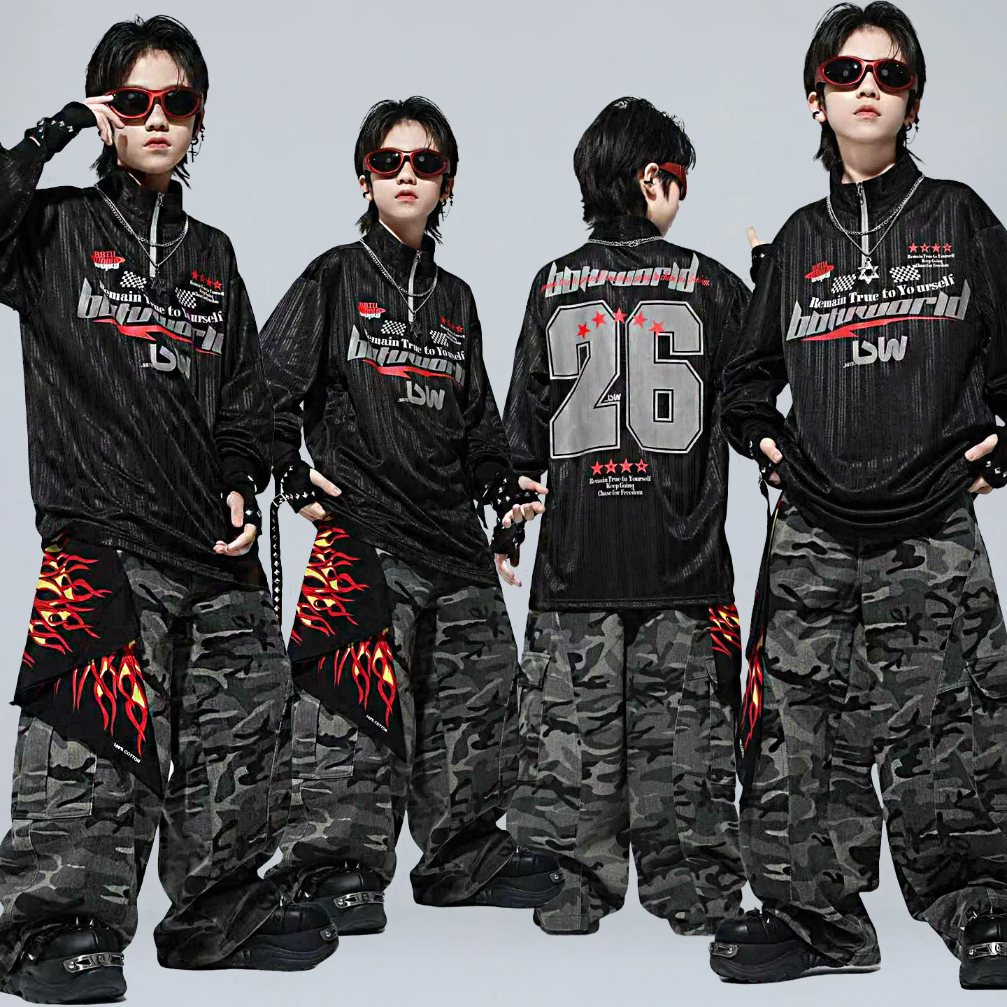 

Детская одежда в стиле хип-хоп Kpop, черная толстовка на молнии, камуфляжные брюки-карго с изогнутыми лезвиями для девочек и мальчиков, костюмы для уличных танцев, одежда