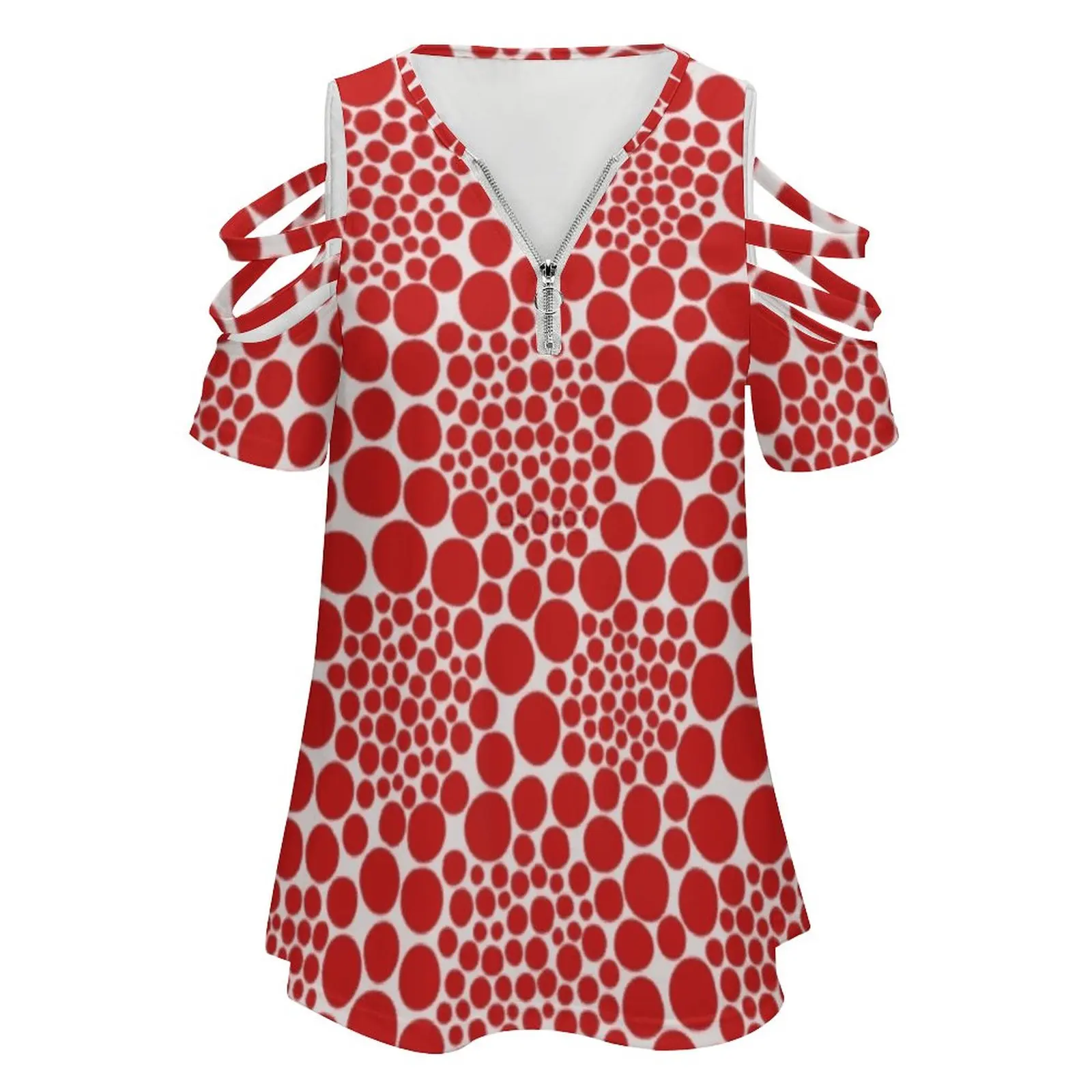 Yayoi Kusama Polka Dots Red Popular Women's T-Shirt New Fashion Printed Zipper V-Neck Short Sleeve T Shirts Casual Plus Size