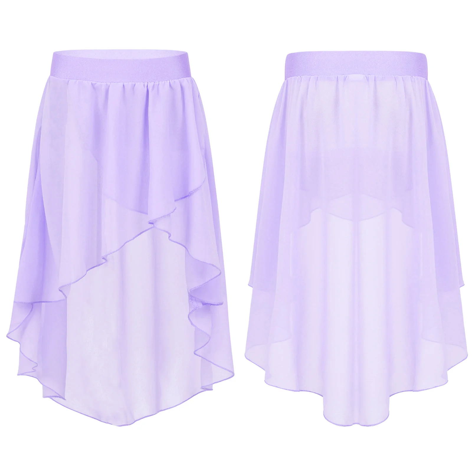 Kids Girls Chiffon Skirt High-Low Elastic Waistband Chiffon Skirt for Ballet Jazz Dance Studio Practice Performance